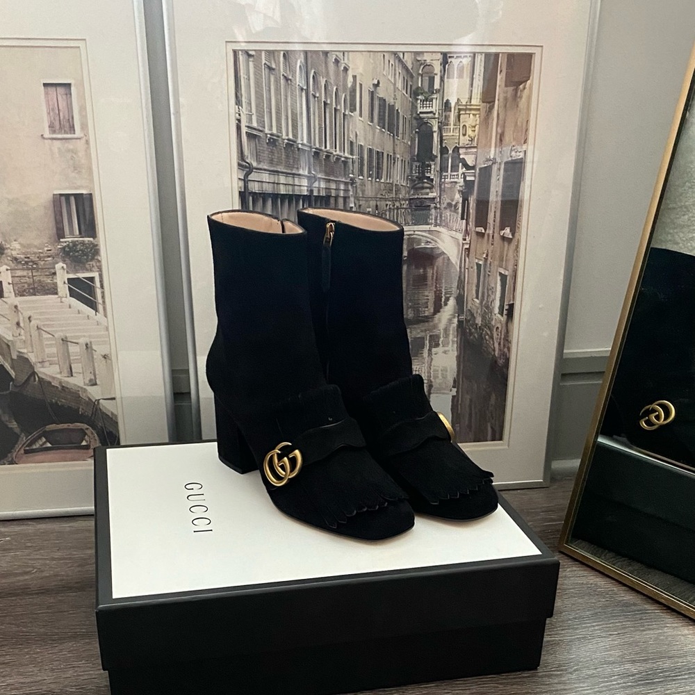 Gucci GG Marmont Fringe Ankle Boots Sz 40 Black